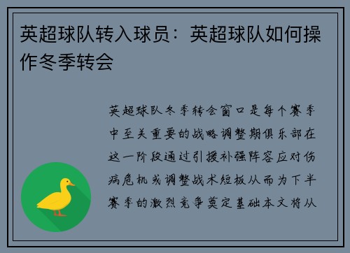 英超球队转入球员：英超球队如何操作冬季转会