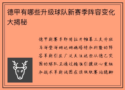德甲有哪些升级球队新赛季阵容变化大揭秘