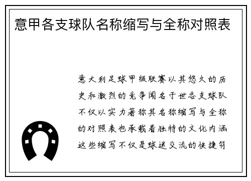 意甲各支球队名称缩写与全称对照表